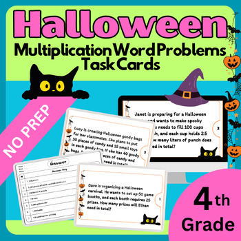 Preview of 40 Halloween Multiplication Word Problems Task Cards | 4th Grade