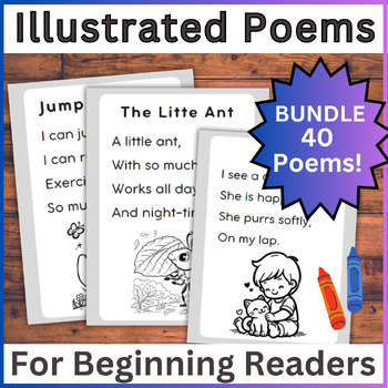 Preview of BUNDLE! 40 Illustrated Simple Poems Book Sight Words Fluency Passages / Coloring