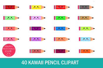 Preview of 40 Kawaii Pencil Clipart- Pencil Clipart- Smiling Pencil PNG Clipart Images