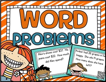 Preview of SCOOT Math Word Problems Task Cards and QR Codes Kids Theme