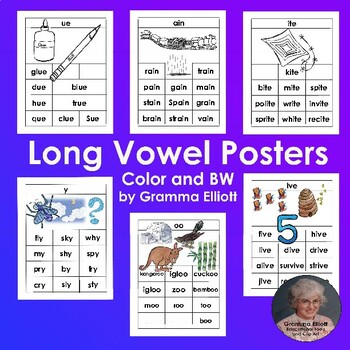 Long Vowel Word Family Posters in COLOR AND BW for 46 Word Families