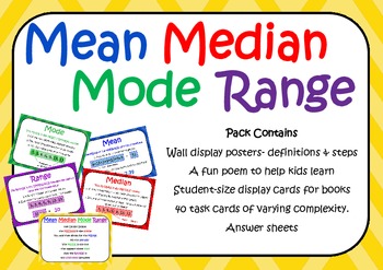 Preview of 40 Mean Median Mode & Range Task Cards (> 80 questions), Posters & More