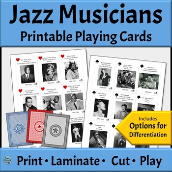 Preview of Jazz Musicians Printable Playing Cards for Music Games - Sub Days - Centers