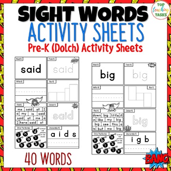 pre k sight words activity worksheets dolch by top teaching tasks