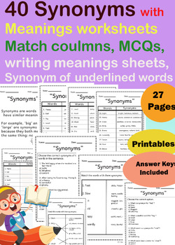 Preview of 40 Synonyms Worksheets, Synonyms Match Columns, MCQs - Vocabulary