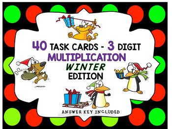 Preview of 40 TASK CARDS CHRISTMAS/WINTER THEMED - 3-DIGIT  DIVISION WITH CARTOON CLIP ART