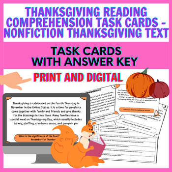 Preview of Thanksgiving Reading Comprehension Task Cards - Nonfiction Thanksgiving Text