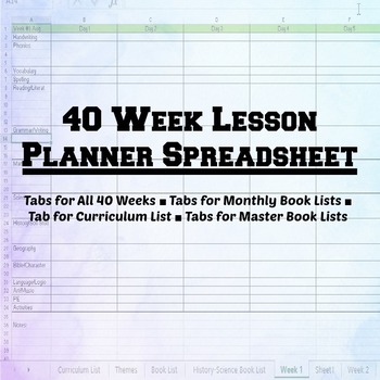 Preview of 40 Week Spreadsheet Lesson Planner | Editable | Tabs for Book Lists & Themes