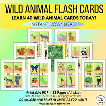 Preview of 40 Wild Animal Printable Flash Cards, Montessori Toddler Activity Cards
