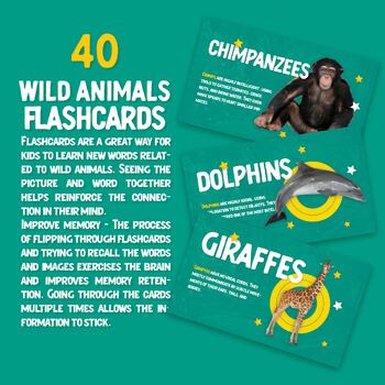 Preview of 40 Wild Animals Flashcards For kids, With Exciting Facts About Them