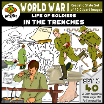 Preview of 40 World War I Clipart Images: Life of soldiers in the Trenches - SET 2