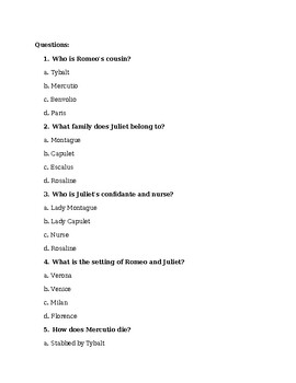 40 multiple choice questions Romeo and Juliet by Calm and Kind teachers