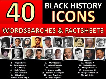 Preview of 40 x Black History Month Famous People Icons Factsheets Wordsearch Keywords