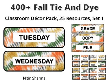 Preview of 400+ Fall Tie And Dye Classroom Décor Pack #83, 25 Resources, Set 1, Ready To P