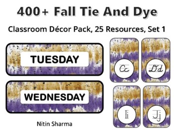 Preview of 400+ Fall Tie And Dye Classroom Décor Pack #84, 25 Resources, Set 1, Ready To P