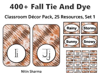 Preview of 400+ Fall Tie And Dye Classroom Décor Pack #89, 25 Resources, Set 1, Ready To P