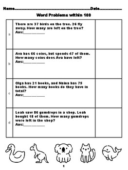 Preview of 400 Second Grade Math Word Problems, Answers within 100, Animals Coloring The