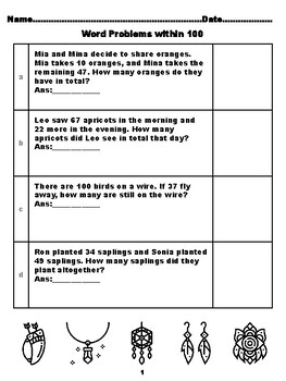 Preview of 400 Second Grade Math Word Problems, Answers within 100, Boho Coloring Theme