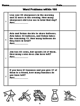 Preview of 400 Second Grade Math Word Problems, Answers within 100, China Coloring Theme