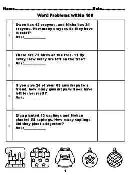 Preview of 400 Second Grade Math Word Problems, Answers within 100, Christmas Coloring T