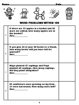 Preview of 400 Second Grade Math Word Problems, Answers within 100, Circus Carnival Colo