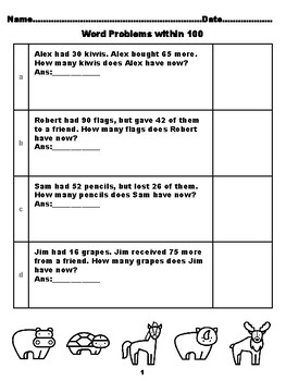 Preview of 400 Second Grade Math Word Problems, Answers within 100, Forest Animals Color