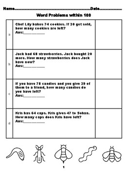 Preview of 400 Second Grade Math Word Problems, Answers within 100, Garden Animals Color