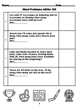 Preview of 400 Second Grade Math Word Problems, Answers within 100, Hockey Coloring Them
