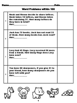Preview of 400 Second Grade Math Word Problems, Answers within 100, Kawaii Animals Color