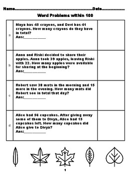 Preview of 400 Second Grade Math Word Problems, Answers within 100, Leaves Coloring Them