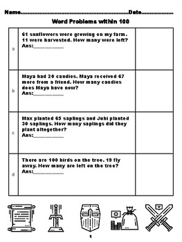 Preview of 400 Second Grade Math Word Problems, Answers within 100, Medieval Times Color
