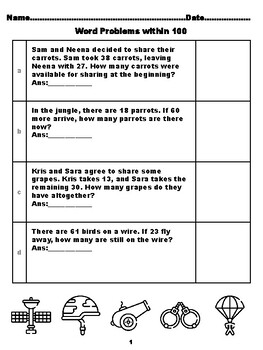 Preview of 400 Second Grade Math Word Problems, Answers within 100, Military Coloring Th