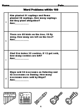 Preview of 400 Second Grade Math Word Problems, Answers within 100, Music Coloring Theme