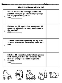 Preview of 400 Second Grade Math Word Problems, Answers within 100, Skating Coloring The