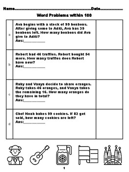 Preview of 400 Second Grade Math Word Problems, Answers within 100, Spain Coloring Theme
