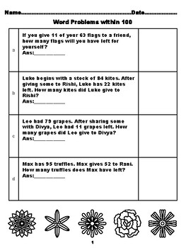 Preview of 400 Second Grade Math Word Problems, Answers within 100, Spring Flowers Color