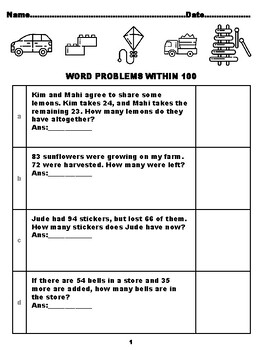 Preview of 400 Second Grade Math Word Problems, Answers within 100, Toys Coloring Theme