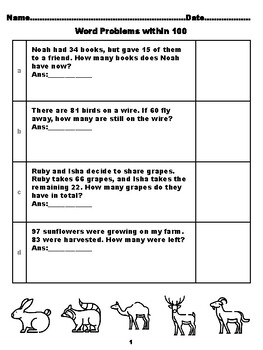 Preview of 400 Second Grade Math Word Problems, Answers within 100, Zoo Coloring Theme
