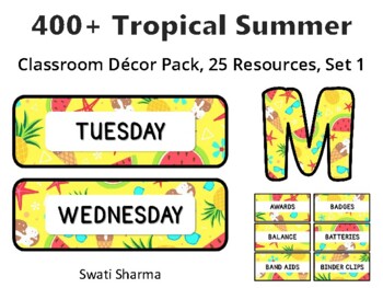 Preview of 400+ Tropical Summer Classroom Décor Pack #388, 25 Resources, Set 1Sheet Size