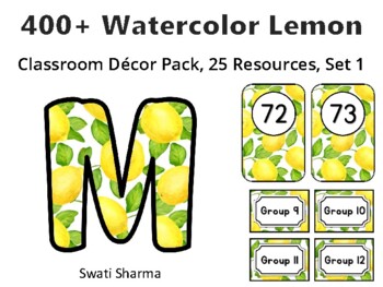 Preview of 400+ Watercolor Lemon Classroom Décor Pack #598, 25 Resources, Set 1, Printable