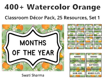 Preview of 400+ Watercolor Orange Classroom Décor Pack #599, 25 Resources, Set 1, Printabl