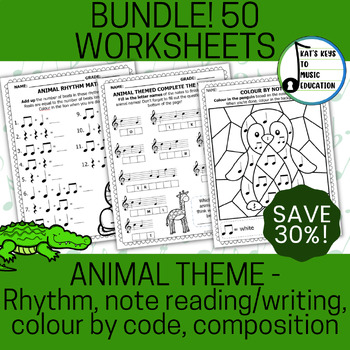 Preview of 50 Animal Themed Music Worksheets - Multiple Grade Level Bundle! (Bass + Treble)