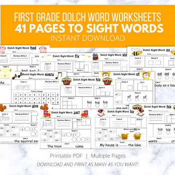 Preview of 41 Dolch Sight Words Worksheets: First Grade Level