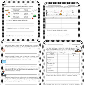 4th Grade Personal Finance Fixed and Variable Expenses Practice Sheets