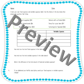 4th Grade Personal Finance Fixed and Variable Expenses Practice Sheets