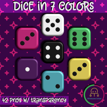 Preview of 42 Dice in 7 Colors | PNG Transparency | Graphics for Math, Games, Statistics