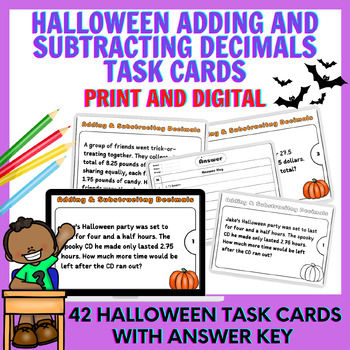 Preview of 42 Halloween Adding and Subtracting Decimals Task Cards