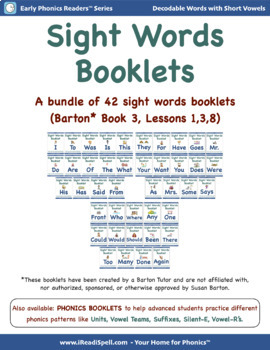 Preview of 42 Sight Words Booklets to Support Barton* Students in Book 3, Lessons 1, 3 & 8