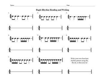 4 4 Duple Rhythm Pattern Reading Writing Sheet By Heather Shouldice