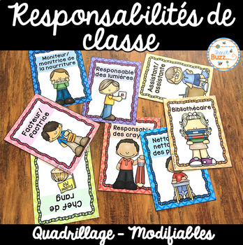Preview of 44 responsabilités de classe - French Classroom Jobs - Thème: quadrillage